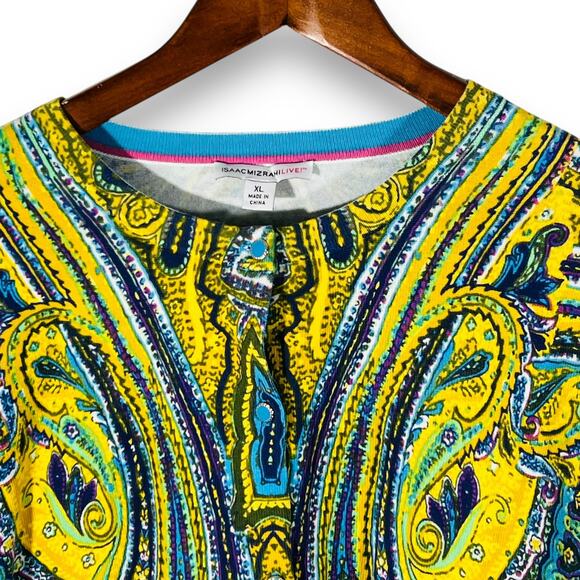 Isaac Mizrahi Paisley Cardigan Sweater Blue Yellow 3/4 Sleeve XL - Picture 6 of 11